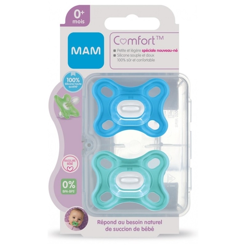 MAM Comfort 2 Sucettes en Silicone 0 Mois et + Boîte de Stérilisation